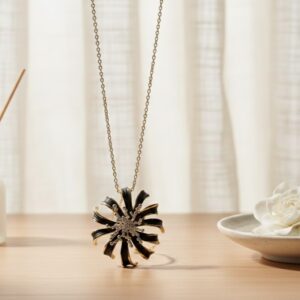 Midnight Starburst Floral Necklace – Black Enameled Flower Pendant with Crystal Pavé Center
