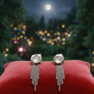 Lunar Cascade Silver Statement Earrings – Luminous Cabochon Studs with Fluid Mesh Fringe