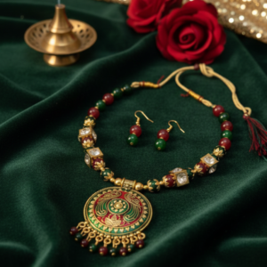 Peacock Meenakari Antique-Finish Necklace with Beaded Mala and Earrings