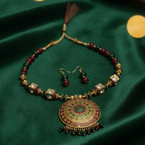Mandala Antique-Finish Necklace with Beaded Mala and Earrings