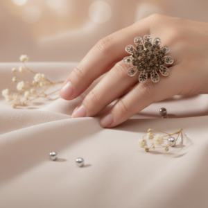 Sun-Kissed Champagne Crystal Floral Adjustable Cocktail Ring