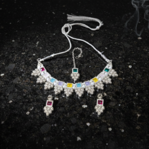 Navratna-Inspired Silver-Finish Choker Set with Matching Earrings and Maang Tikka