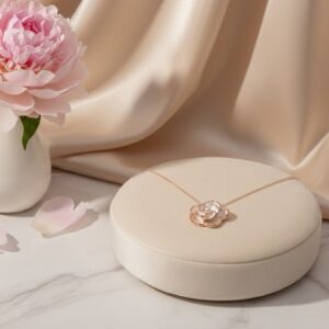 Peach Camellia Pearl Pendant – Multi-Layered Enameled Floral Necklace with Rose Gold Accents