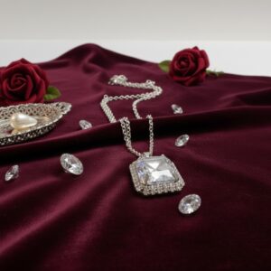 Emerald-Cut Solitaire Halo Pendant Chain in Sterling Silver Finish