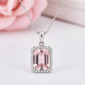 Emerald-Cut Halo Pendant in Sterling Silver Finish with Sleek Link Chain