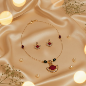 Ruby Red Fan-Shaped Minimalist Necklace with Pendant and Matching Studs