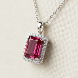 Ruby-Red Emerald-Cut Solitaire Pendant with Classic Link Chain