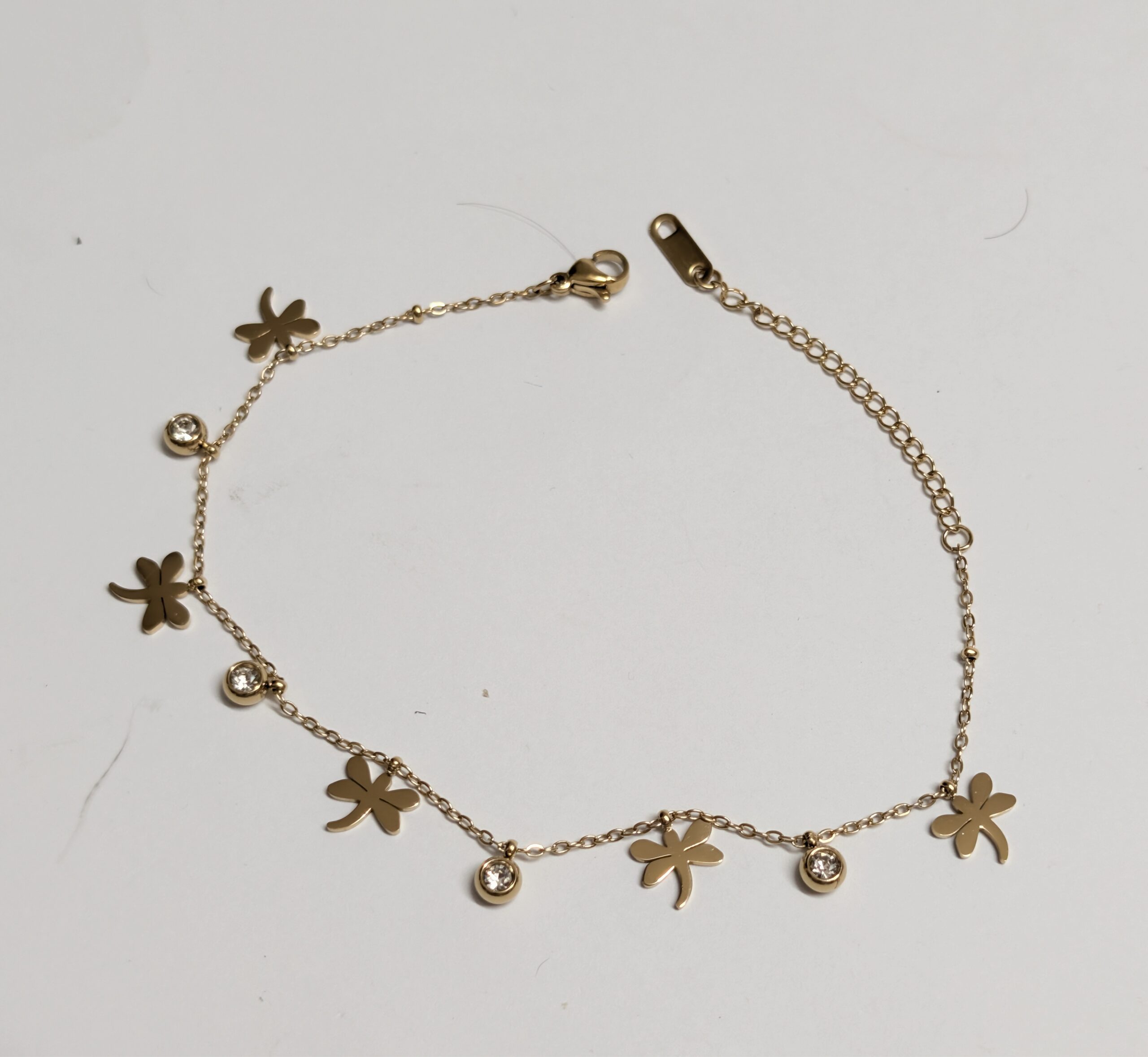 Gold-Shaded Dragonfly & Crystal Charm Anklet